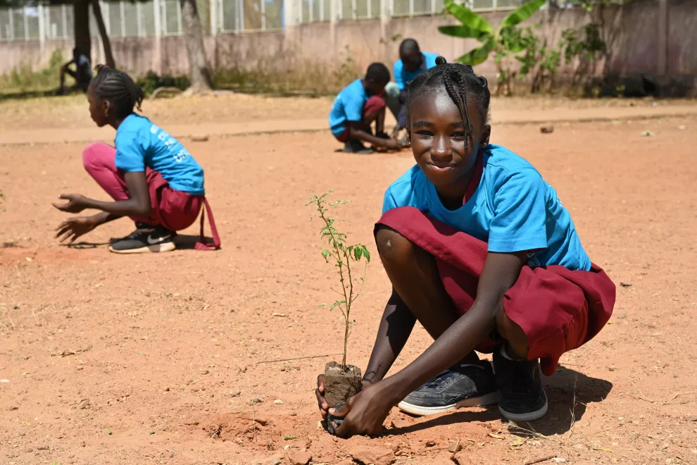 School girl planting a tree